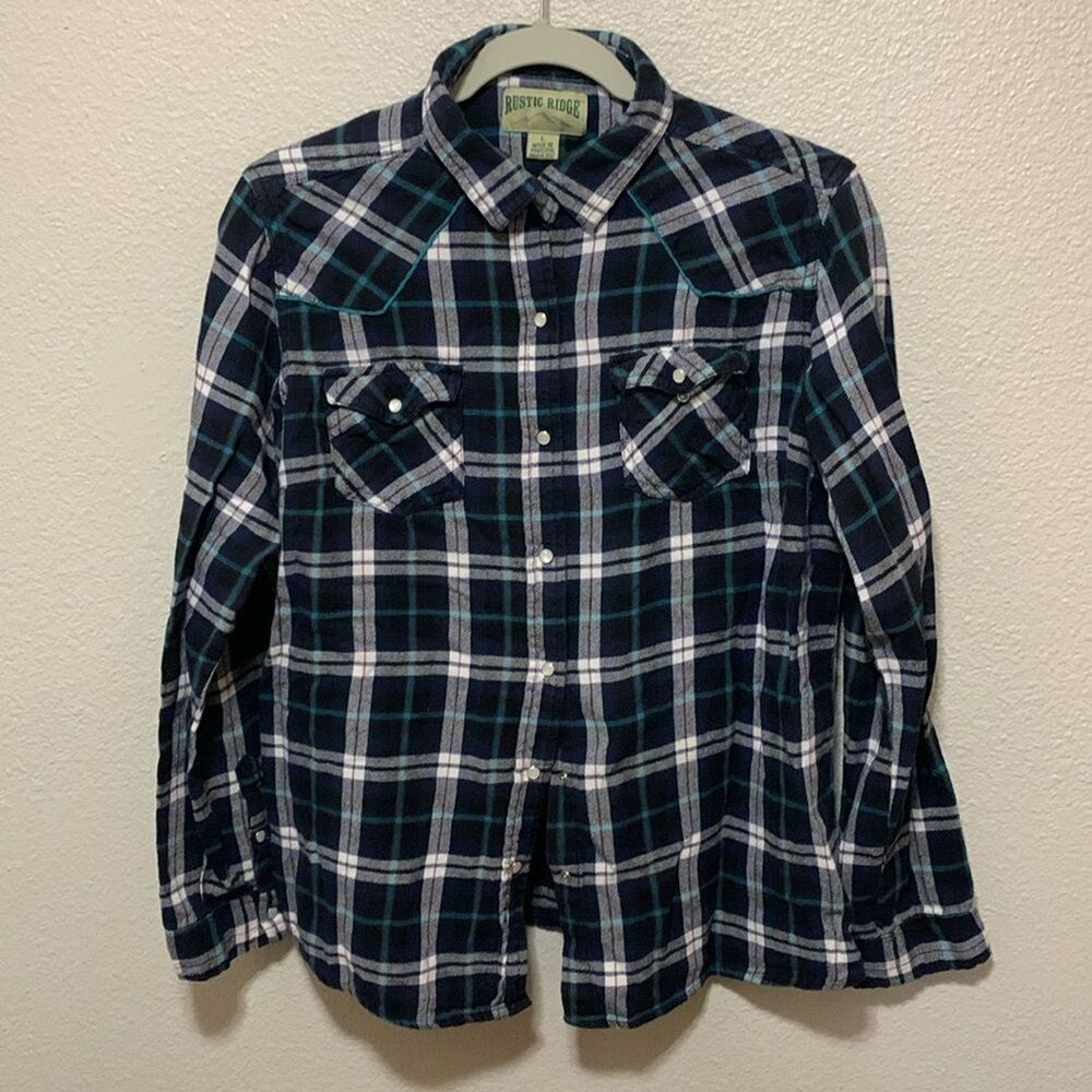 Rustic Ridge Women’s Flannel Size L Blue/White Plaid